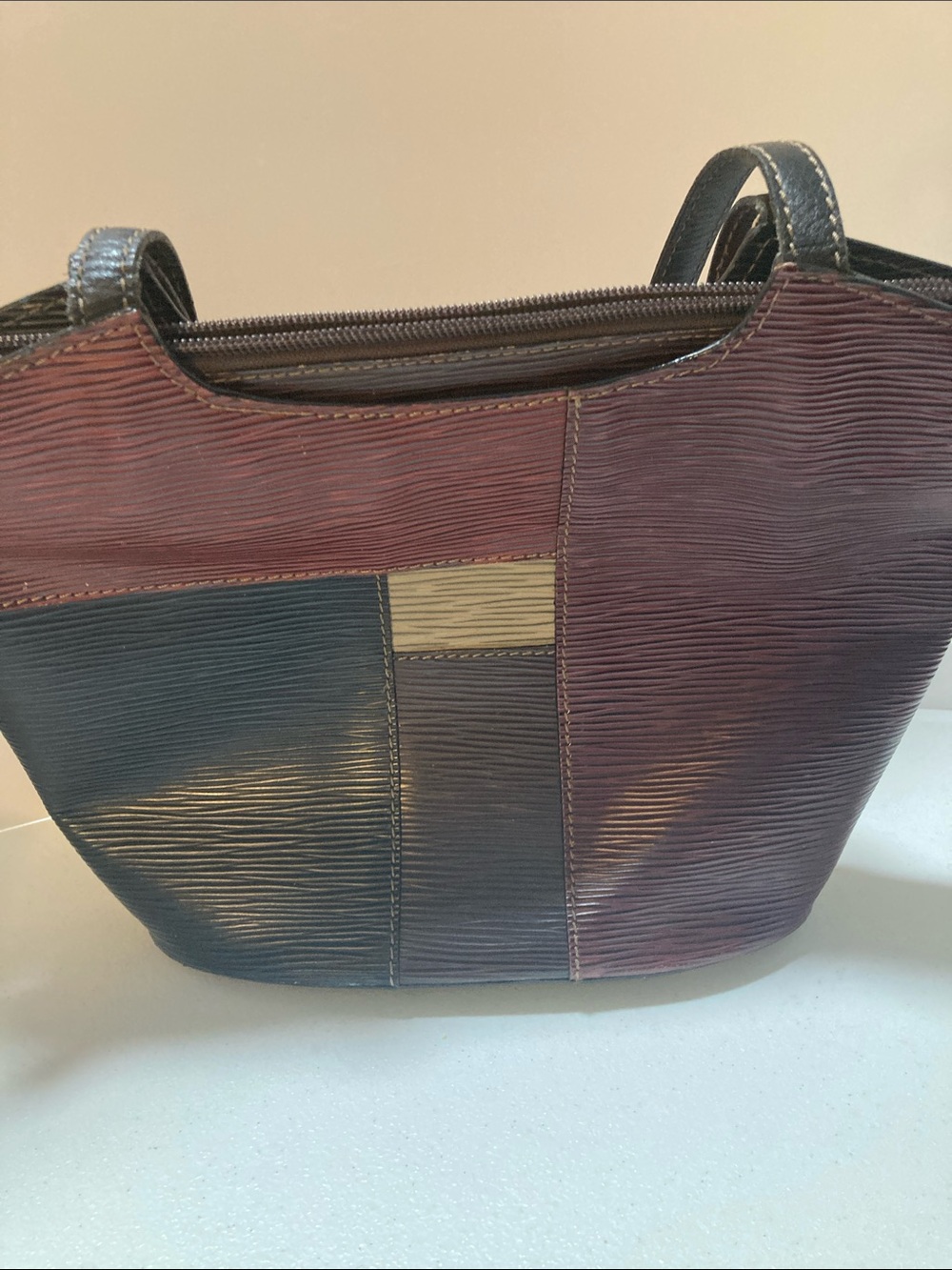 Lands' End Two-Tone Patchwork Shoulder Bag in Burgundy & Dark Brown